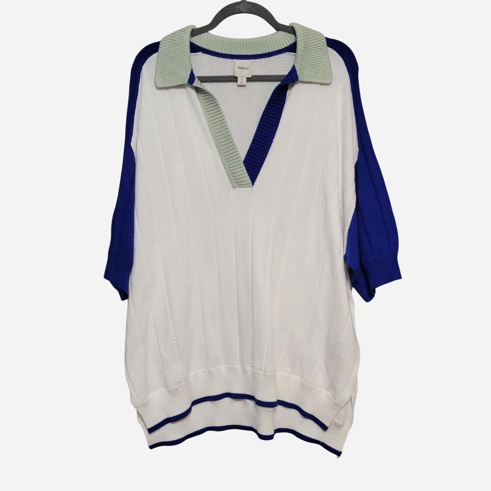 Anthropologie Maeve Collared V-Neck Short-Sleeve Rugby Sweater 100% Cotton